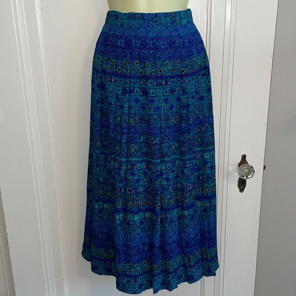 Vtg Koret Petite boho batik purple & turquoise green crinkle cloth midi skirt